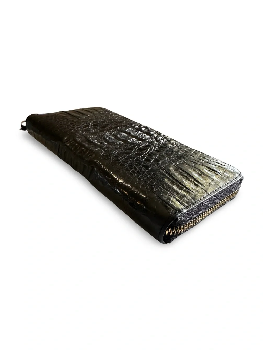 Black Leather Croc-Embossed Zip Around Wallet
